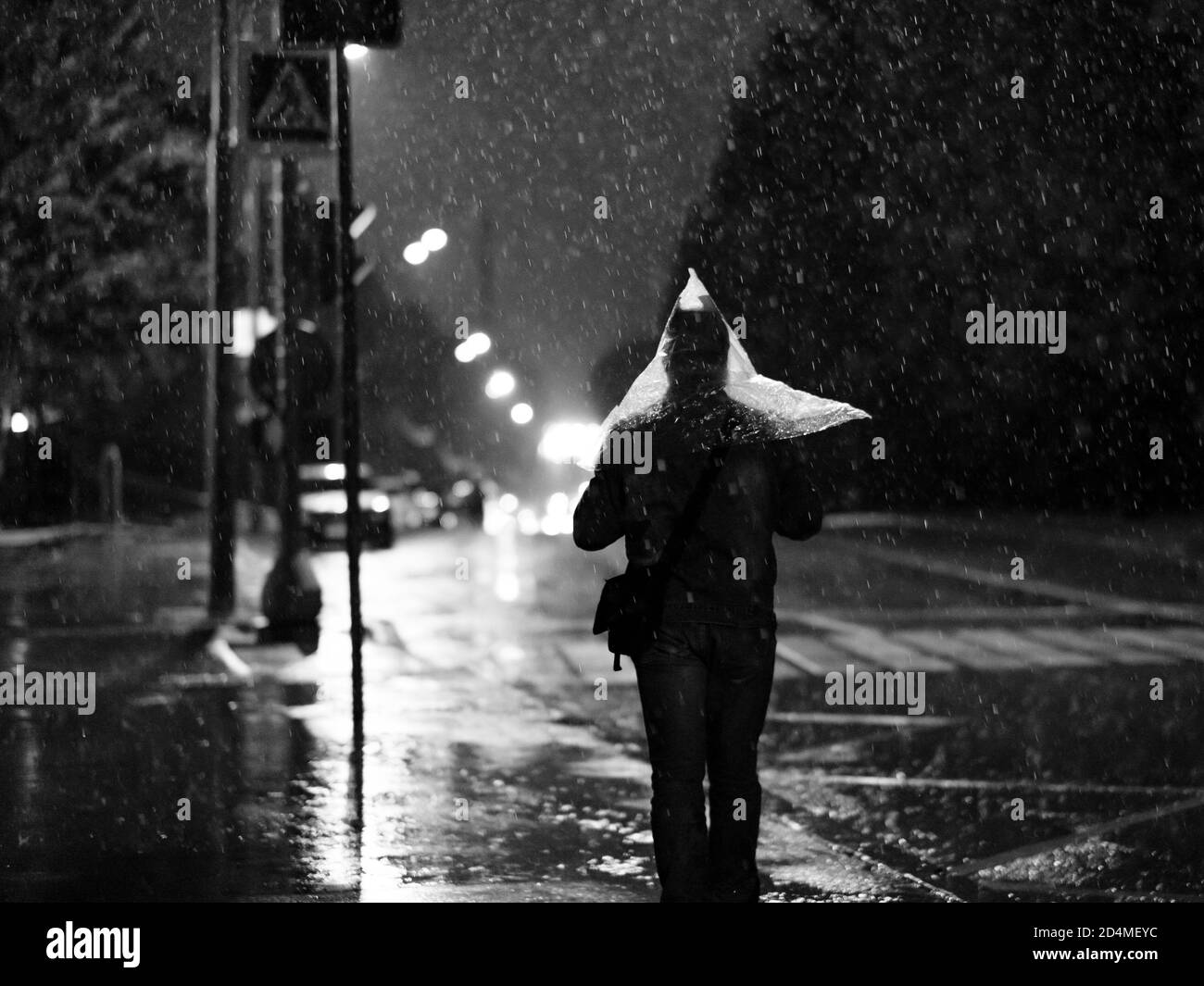 Passage piéton dans la ville la nuit en cas de forte pluie. Silhouette d'un homme avec un sac en plastique sur sa tête au lieu d'un parapluie. Phares de voiture Banque D'Images