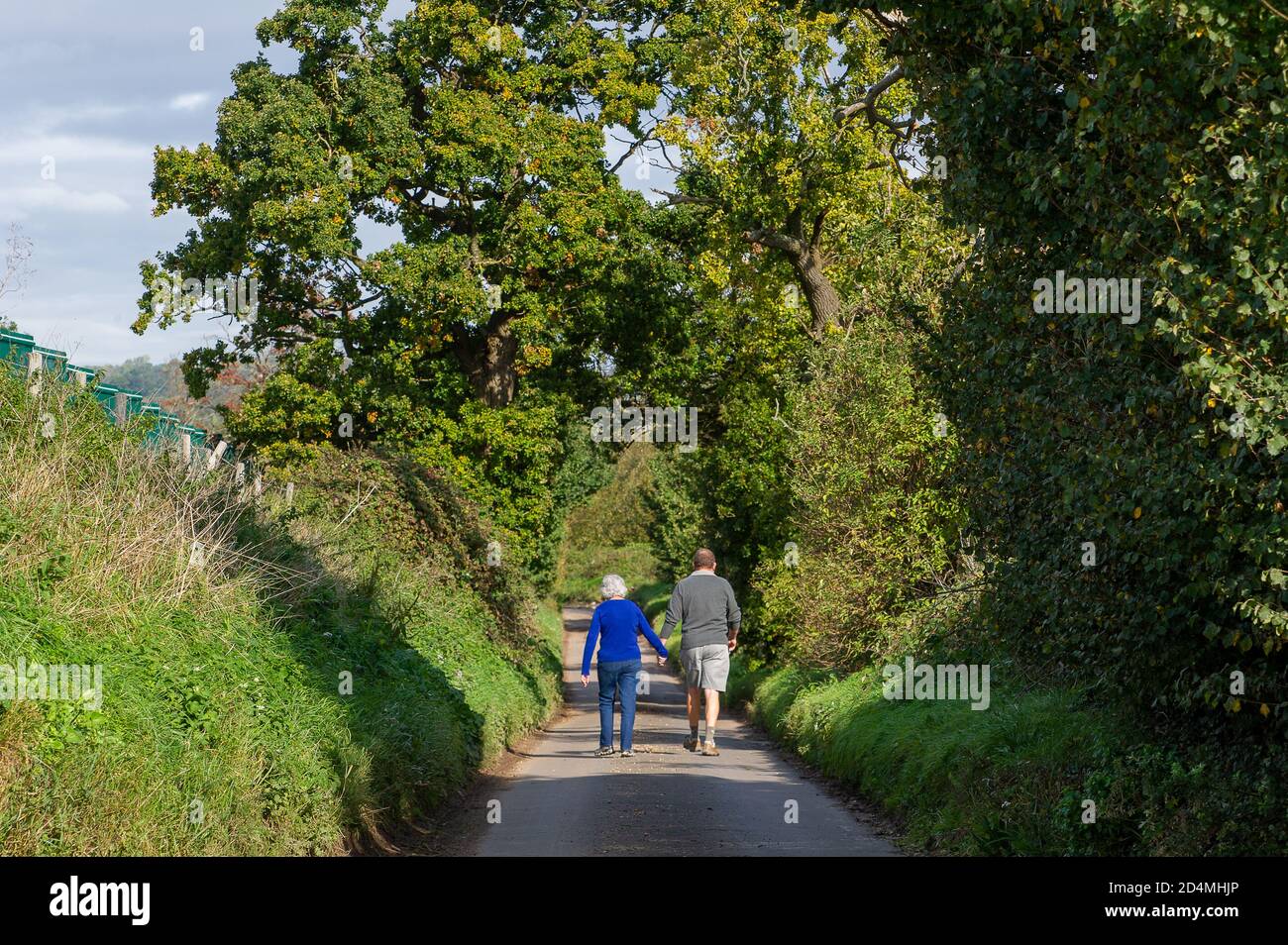 West Hyde, Hertfordshire, Royaume-Uni. 9 octobre 2020. Un couple fait une promenade le long d'une route de campagne à côté du site HS2. Les travaux se poursuivent sur le site de construction du portail sud du tunnel de Chiltern HS2. Des tunnels de 10 km en direction du nord et du sud seront coupés sous terre à travers les Chilterns pour la nouvelle ligne de train à grande vitesse HS2 de Londres à Birmingham. Deux aléseuses de tunnel sont en construction en Allemagne pour HS2. HS2 met en péril 108 anciennes terres boisées, 693 sites fauniques et 33 ISRS. L'opposition à HS2 par les militants écologistes continue de croître. Crédit : Maureen McLean/Alay Banque D'Images