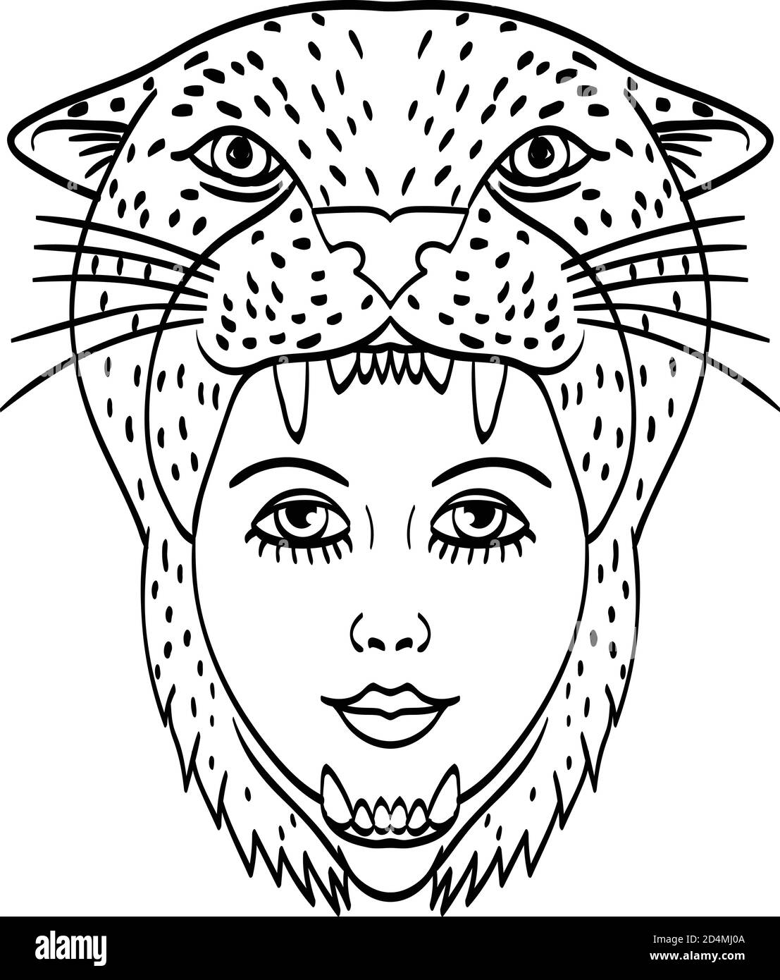 Illustration de style tatouage de la tête d'un guerrier Amazone portant un headdress jaguar vu de l'avant fait en noir et blanc. Illustration de Vecteur