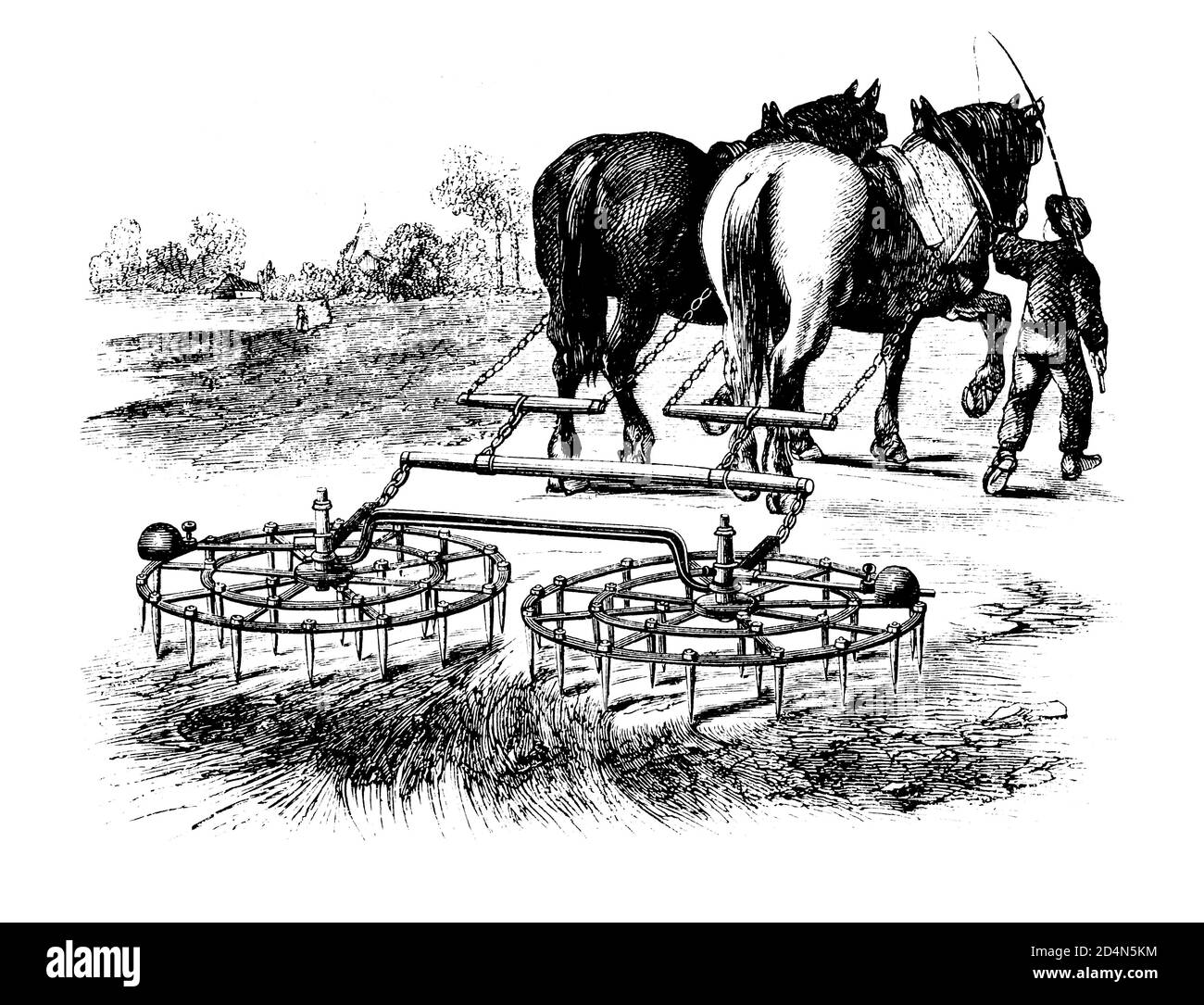 Matériel agricole antique - Outils et machines d'agriculteurs anciens du 19th siècle Art original Illustration antique Noir et blanc Banque D'Images