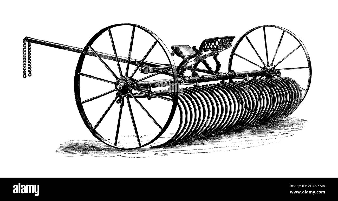 Matériel agricole antique - Outils et machines d'agriculteurs anciens du 19th siècle Art original Illustration antique Noir et blanc Banque D'Images