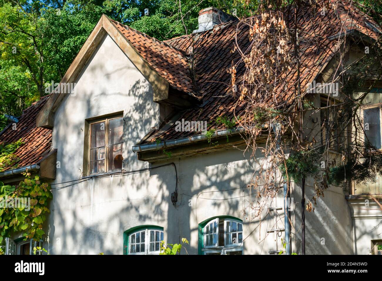 Toit carrelé d'une ancienne maison du XIXe siècle. Fenêtres en bois sans restauration sur la façade d'un chalet dans la forêt. Banque D'Images