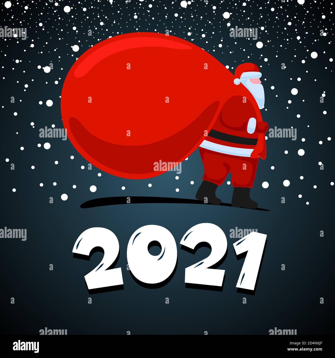 Le personnage de dessin animé du Père Noël vient et porte un sac rouge de grands cadeaux lourds. Noël et bonne nouvelle carte de vœux de 2021 ans sur fond de nuit. Illustration de l'affiche du calendrier de célébration vectoriel Illustration de Vecteur