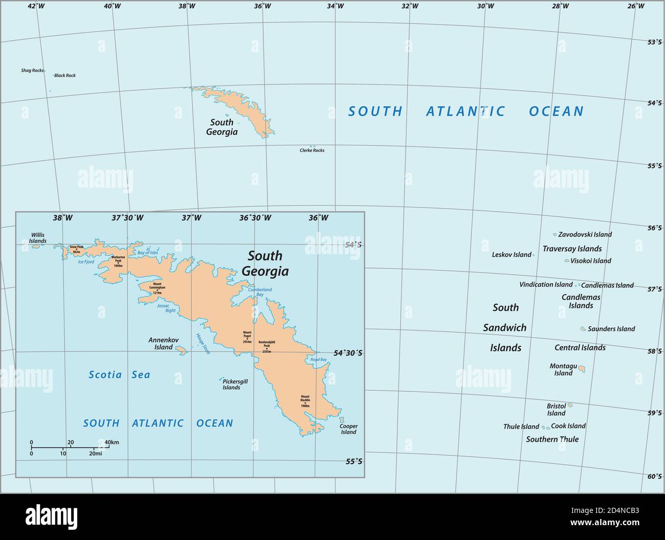 Carte vectorielle de la Géorgie du Sud et des îles Sandwich du Sud, Royaume-Uni Illustration de Vecteur
