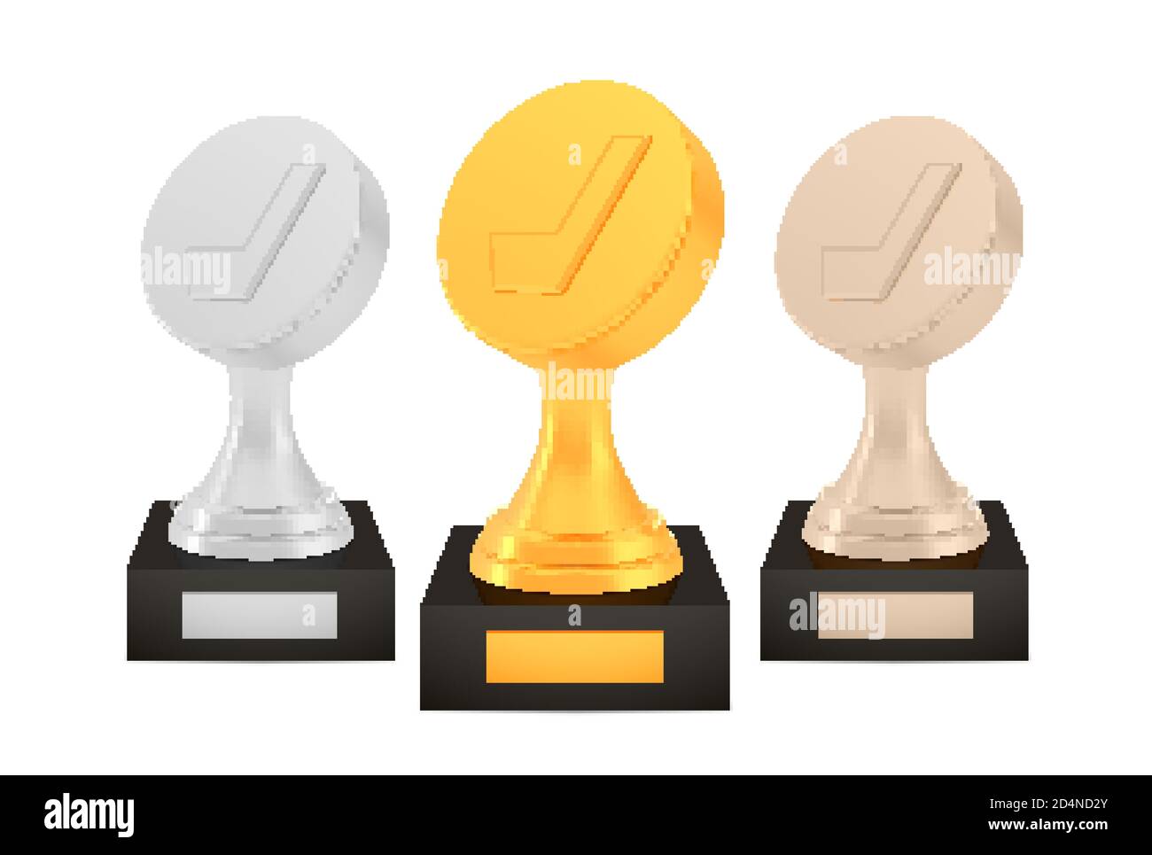 Ensemble de prix de hockey gagnants, coupes de trophées en bronze argenté doré sur des supports avec des assiettes vides Illustration de Vecteur