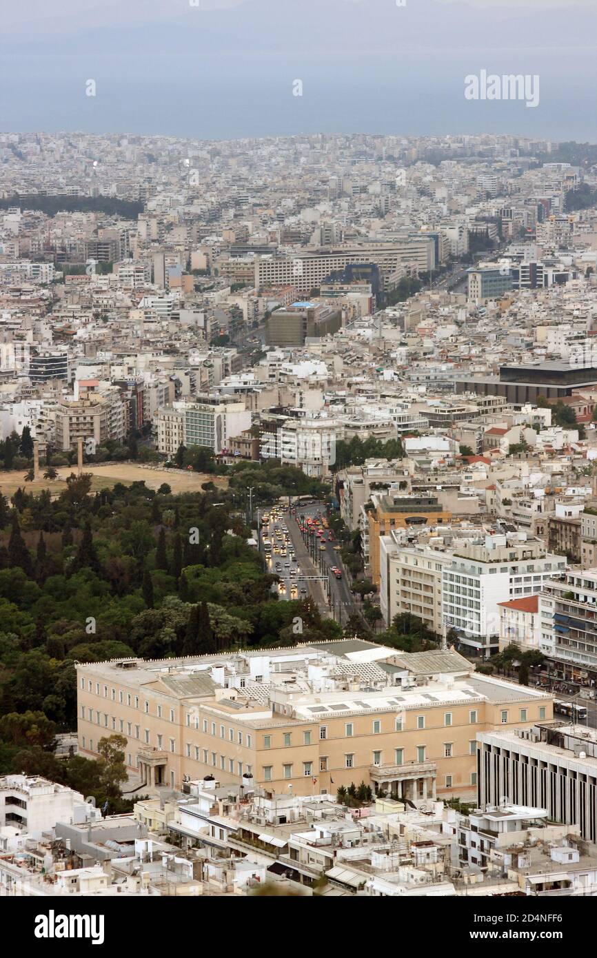 Vue aérienne d'Athènes et du Parlement depuis le Lycabette côte Banque D'Images