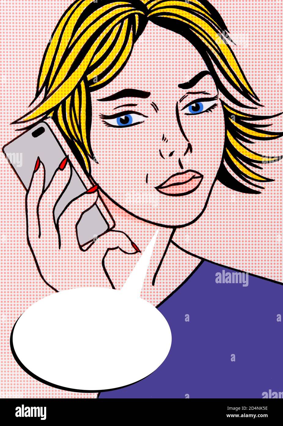 Pop Art Illustration de la jeune femme avec téléphone mobile et Bulle d'expression vide Banque D'Images