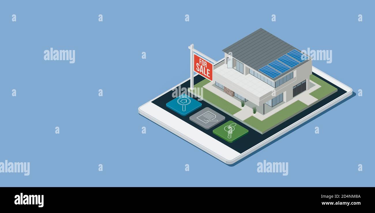 Application immobilière et d'architecture avec maison isométrique à économie d'énergie sur un écran tactile de smartphone, illustration 3D Banque D'Images