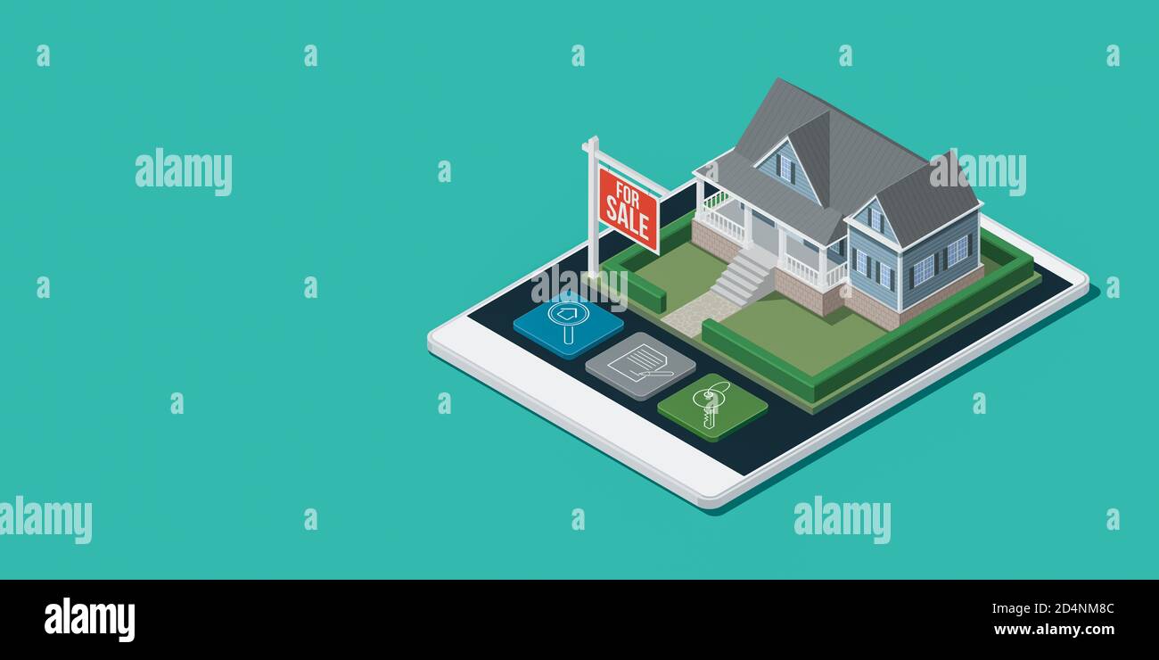 Application immobilière et d'architecture avec maison isométrique sur écran tactile pour smartphone, illustration 3D Banque D'Images