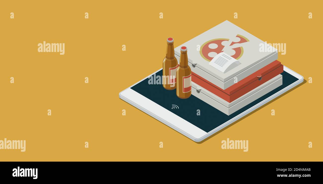 Commande et livraison de pizzas en ligne : smartphone avec pile de boîtes à pizza, bières et reçus, concept de livraison de nourriture, illustration 3D isométrique Banque D'Images