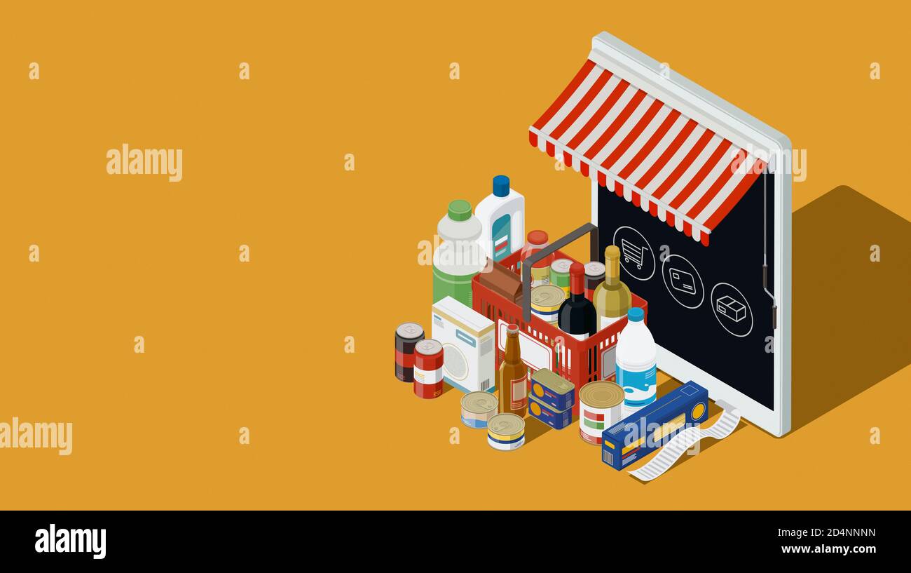 Application mobile de supermarché en ligne et assortiment d'articles d'épicerie, concept d'épicerie en ligne, illustration 3D isométrique Banque D'Images