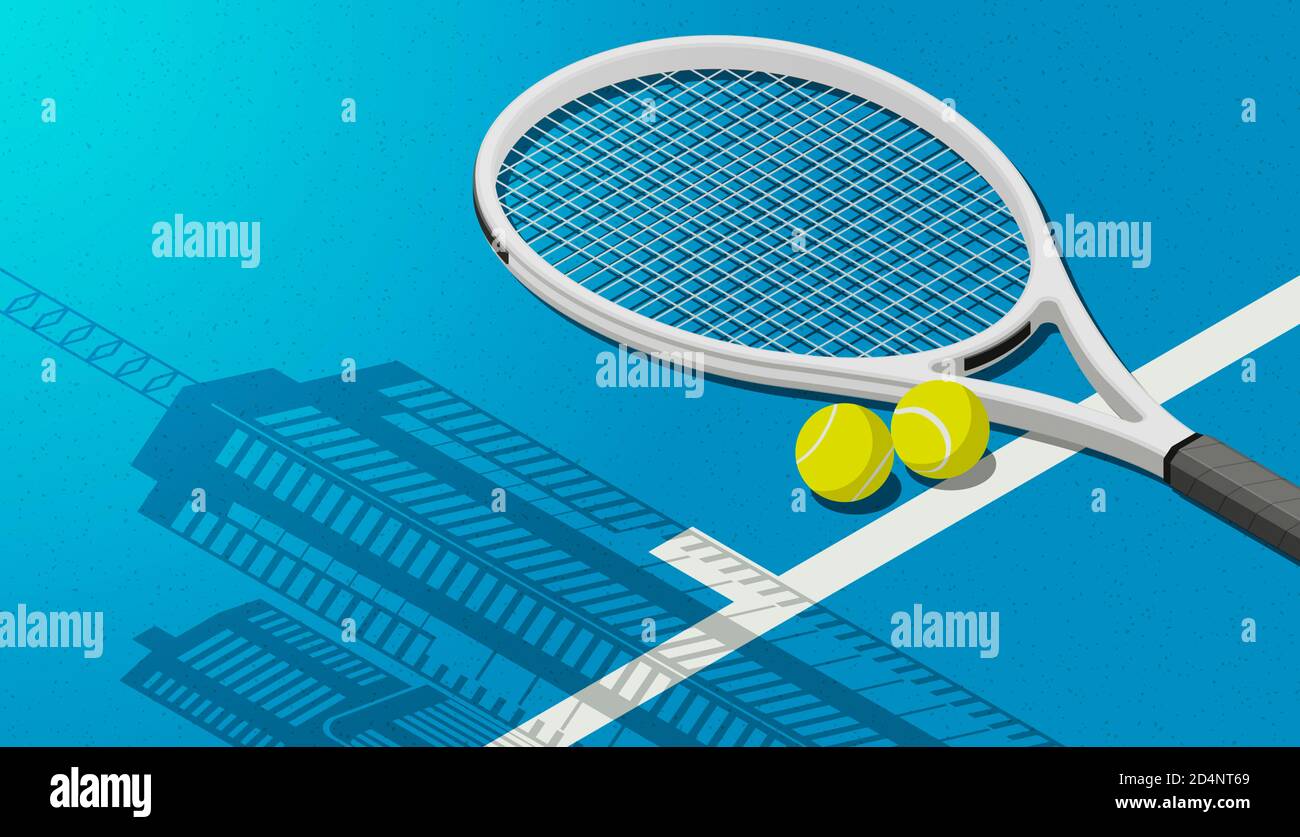 Tournoi de tennis à Melbourne : raquette, balles et gratte-ciel ombré sur  le court Photo Stock - Alamy