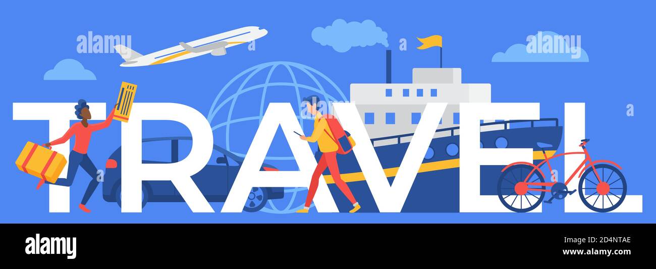 Illustration du vecteur de concept de mot de voyage. Cartoon femme voyageur plat courant avec valise et billet d'avion ou de bateau de croisière, homme voyage touristique, marche avec carte sur grand fond lettrage de voyage Illustration de Vecteur