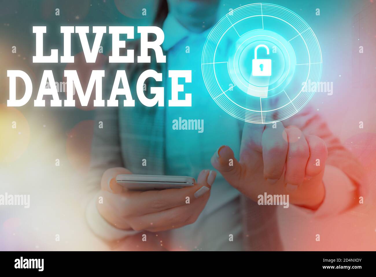 Texte écrit mot foie dommages. Photo d'affaires présentant tout trouble de la cirrhose du foie ou de la cicatrisation du foie cadenas graphique pour les données web i Banque D'Images