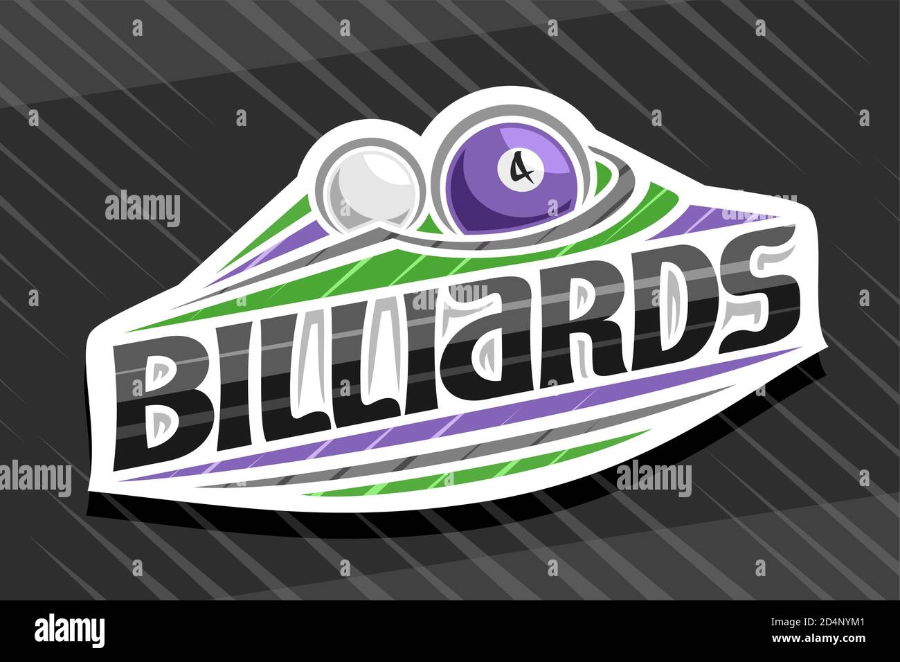 Logo Vector pour Billiards Sport, emblème blanc moderne avec illustration du ballon volant dans le but, lettrage unique pour le billard noir mot, signe sportif Illustration de Vecteur