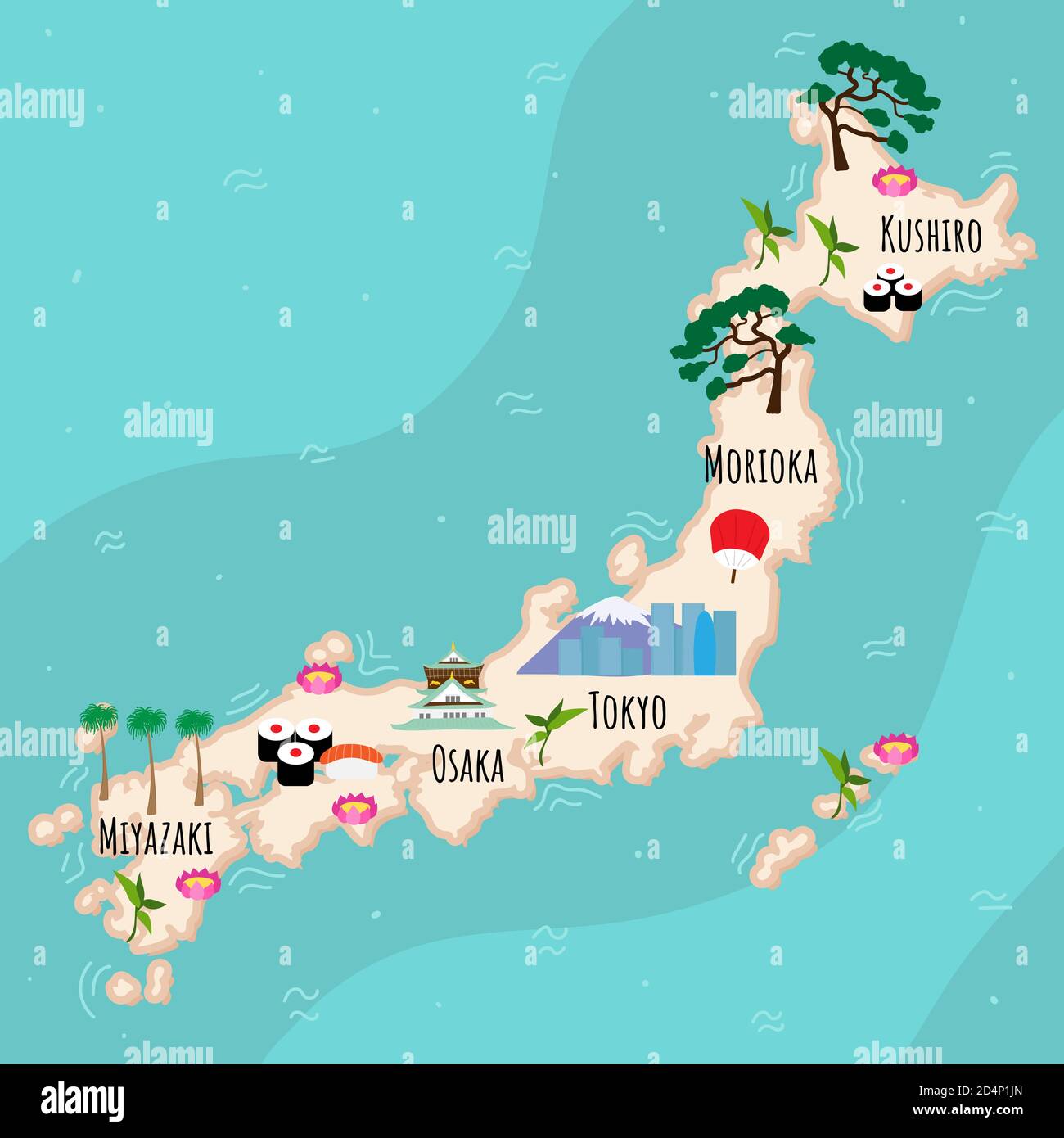 Carte De Dessin Anime Du Japon Illustration De Voyage Avec Des Monuments Des Batiments De La Nourriture Et Des Plantes Infographies Touristiques Amusantes Symboles Nationaux Attractions Celebres Image Vectorielle Stock Alamy