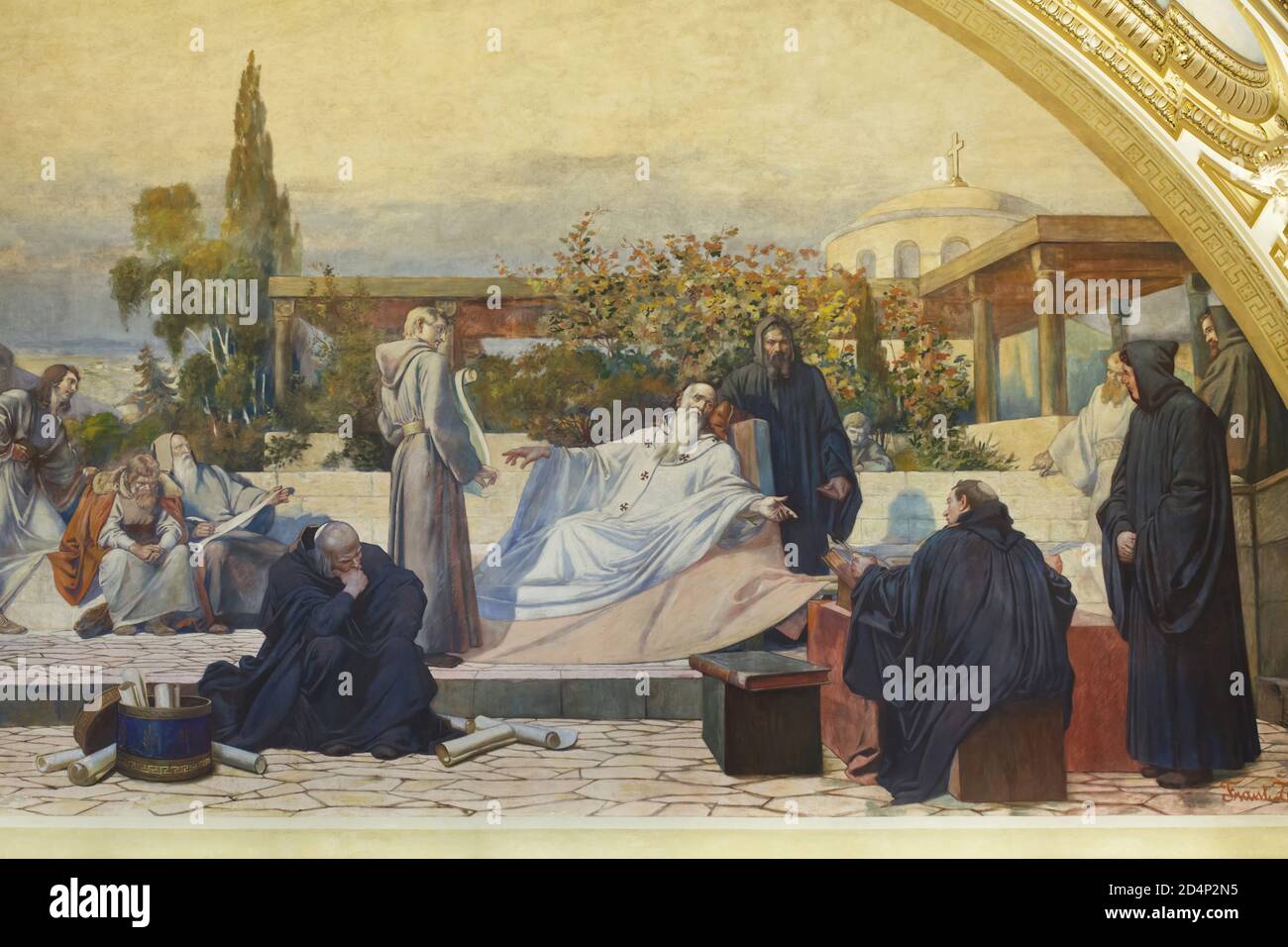 Saint Methodius termine la traduction de la Bible en langue slave à Rome en 885 avant sa mort. Peinture murale du peintre tchèque František Ženíšek (1900) à l'intérieur du dôme du Panthéon du Musée national (Národní muzeum) à Prague, République tchèque. Banque D'Images