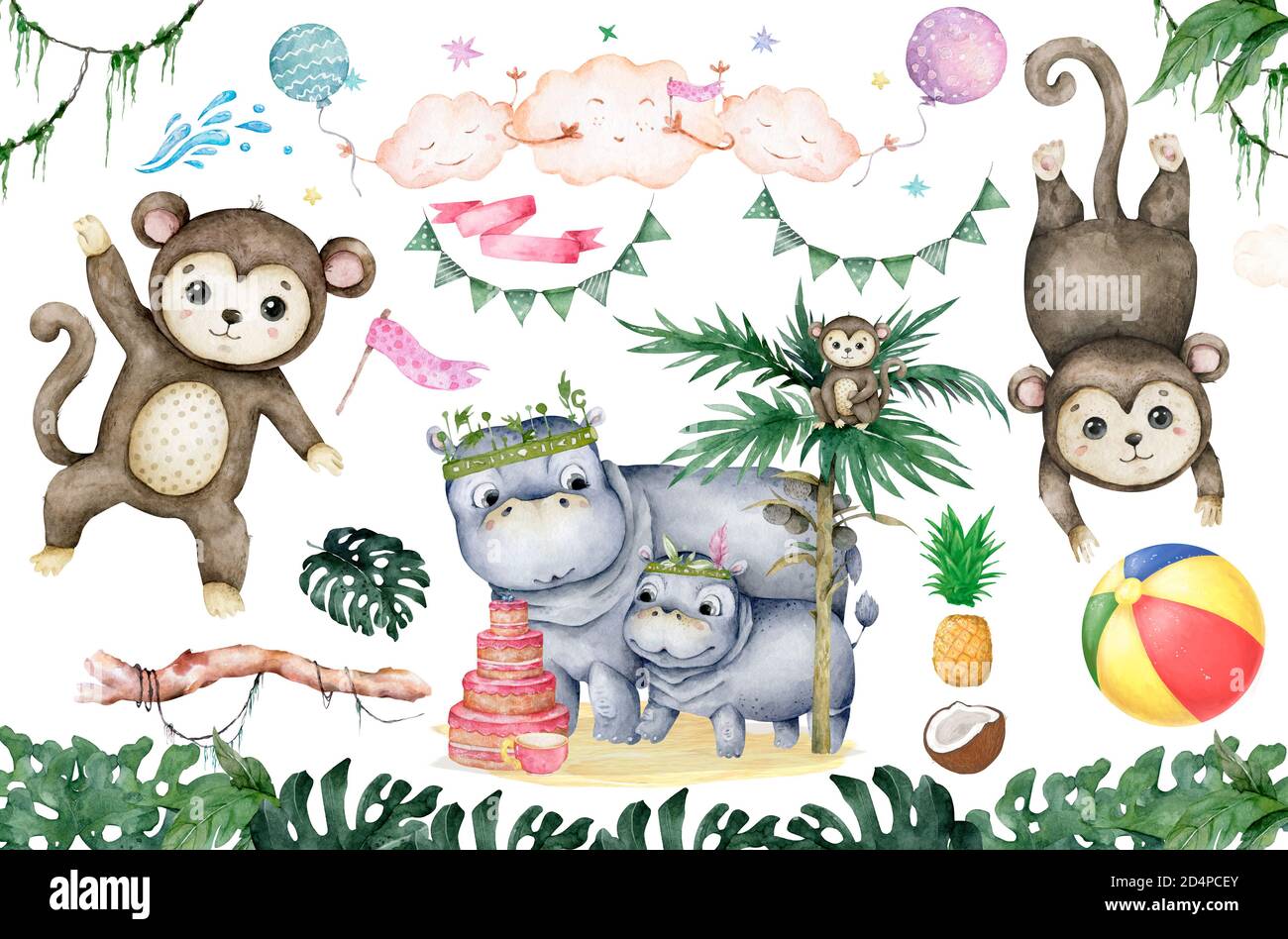 Mignon Bebe Hippo Avec Mere Dessin A La Main Adorable Aquarelle Faune Africaine Animalas Illustration De Dessin Anime Sur Fond Blanc Photo Stock Alamy