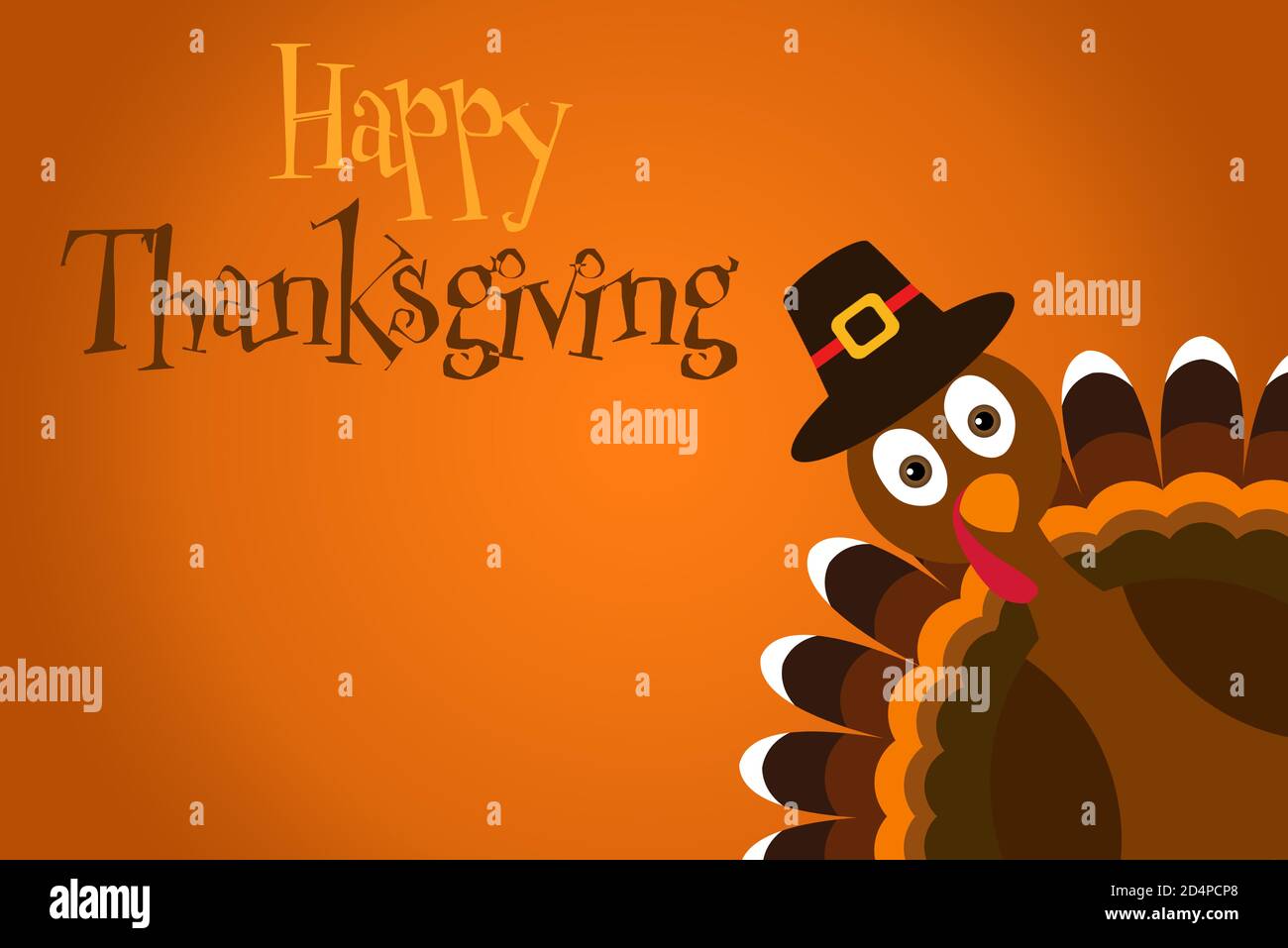 Joyeux texte de Thanksgiving Cartoon Turkey Pilgrim avec chapeau sur orange Affiche de l'action de grâces Banque D'Images