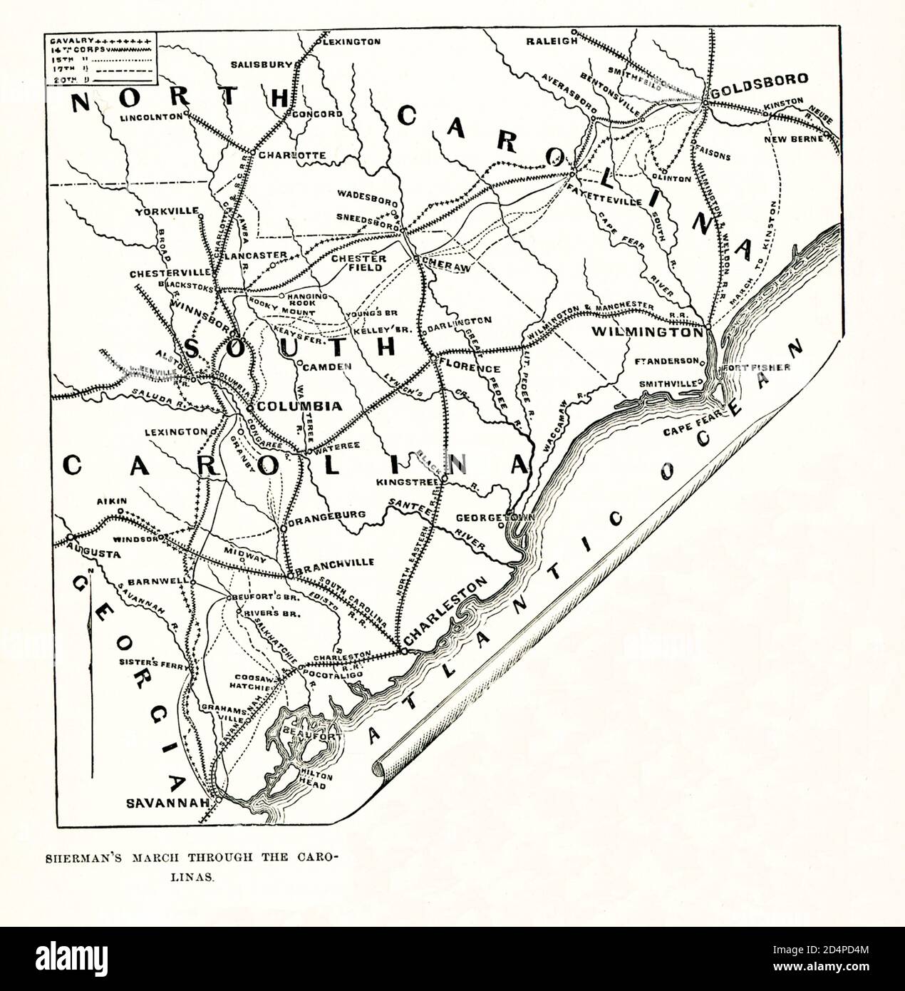 La marche de Sherman à travers Carolinas. Cette carte montre : la campagne des Carolinas (du 1er janvier au 26 avril 1865), la campagne des Carolinas, a été la dernière campagne menée par l'Armée de l'Union contre l'Armée des États confédérés au Théâtre occidental. Le 1er janvier, le général de l'Union William T. Sherman s'est avancé vers le nord depuis Savannah, en Géorgie, à travers les Carolinas, avec l'intention de relier les forces de l'Union en Virginie. La défaite de l'armée du général confédéré Joseph E. Johnston à la bataille de Bentonville et sa capitulation inconditionnelle aux forces de l'Union le 26 avril 1865 ont effectivement mis fin à l'Amer Banque D'Images