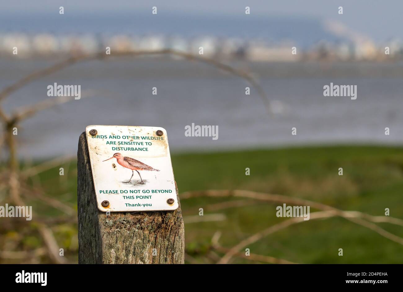 Signe d'avertissement poli pour être au courant de la nidification des oiseaux avec une photo d'UN oiseau de Dieu sur UN pieu en bois patiné Stanpit nature Reserve, Royaume-Uni Banque D'Images