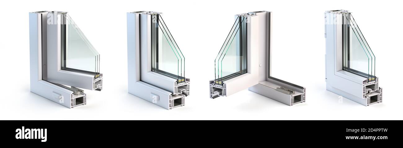 Les fenêtres en plastique profilent le PVC dans une position différente isolée sur fond blanc. Coupe transversale. illustration 3d Banque D'Images