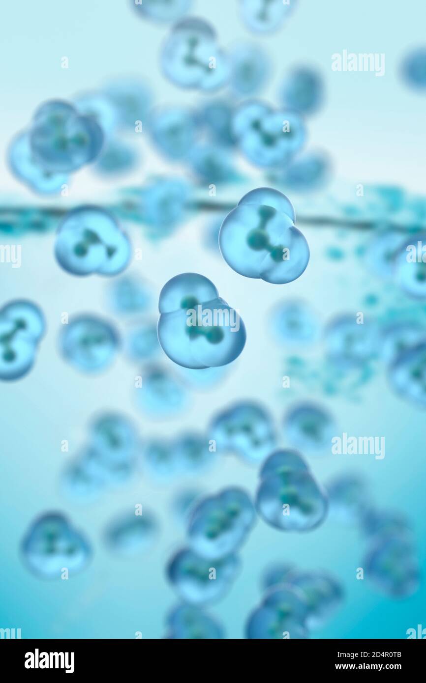 Molécules d'eau, chaque molécule d'eau correspond à deux atomes d'hydrogène liés à un atome d'oxygène. Banque D'Images