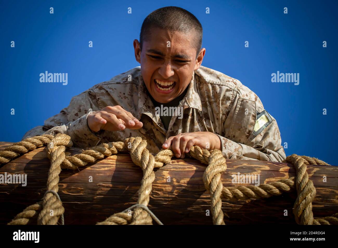 Une recrue avec Golf Company, 2e Bataillon d'entraînement de recrue, monte un filet de cargaison pendant le cours de confiance au Marine corps Recruit Depot, San Diego, 4 novembre 2019. Le cours de confiance a mis les recrues au défi de faire face à leurs craintes et de les surmonter, les poussant vers l'avant dans la formation pour obtenir un diplôme. (É.-U. Photo du corps marin par lance Cpl. Zachary T. Beatty) Banque D'Images