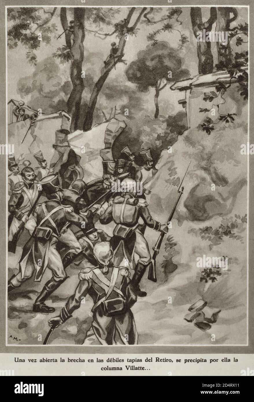 Guerra de la Independencia Española (1808-1814). En la mañana del 1 de diciembre de 1808 se presentaron delante de Madrid los dragones franceses. A las doce legó Napoleón a Chamartín, pueblo que distaba una legua de la capitale, instalándose en el palacio del Duque del Infantado. El dia 3 Napoleón en persona, desde una casa del cerro de Maudes, dirigió el ataque contra Madrid. Candado Napoleón de una resistencia con la que no contaba, ordenó que los cañones abrieran fuego contra las tapias del Retiro, que dominaba Madrid y cuya defensa se había descuidado. Una vez abierta la brecha en los muros Banque D'Images