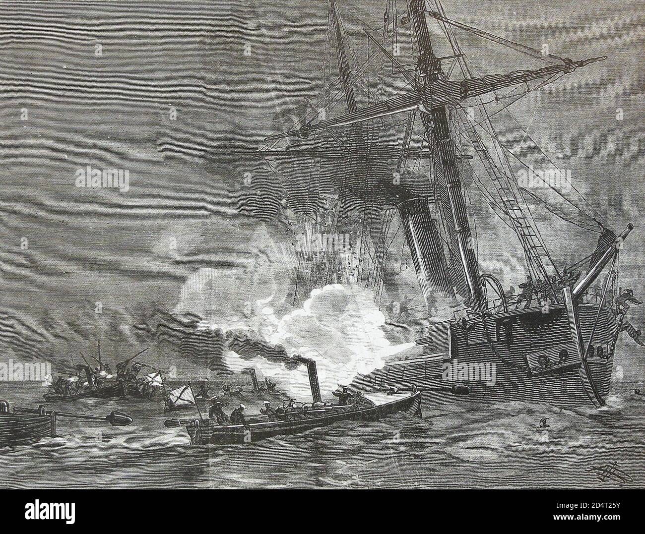 Attaque par des bateaux du « Grand Duc Constantine » sur le cuirassé turc près de Sukhum-Kala au XIXe siècle. Banque D'Images