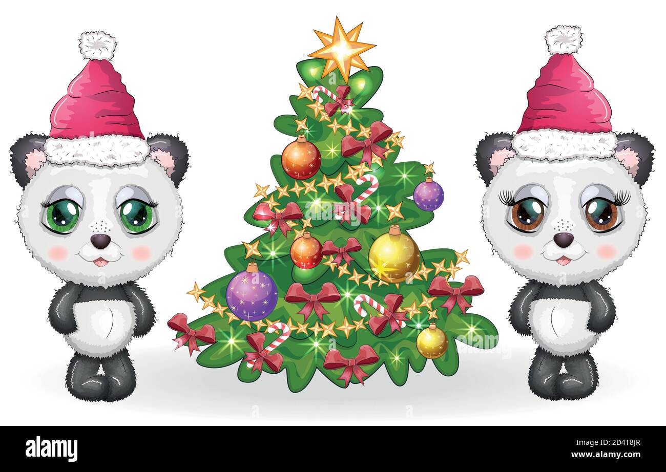 Couple mignon dessin animé panda ours avec de grands yeux dans un chapeau rouge Santa Claus près de l'arbre de Noël. Nouvelle année Illustration de Vecteur