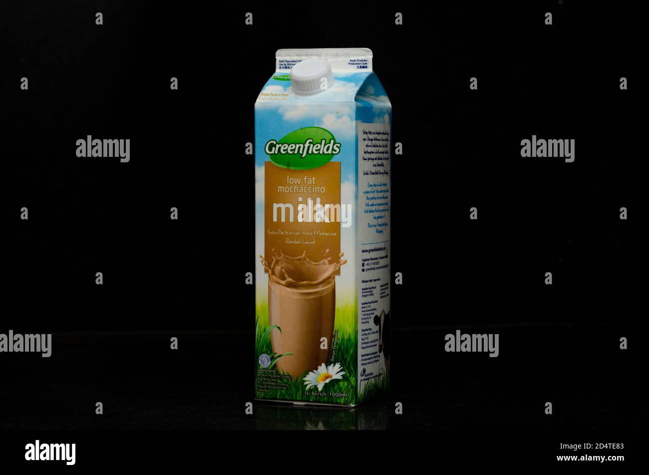 Vue à gauche d'un litre de boîte de lait mochaccino à faible teneur en matières grasses provenant de la marque Greenfields originaire de Malang, Indonésie, isolée dans un remou noir Banque D'Images