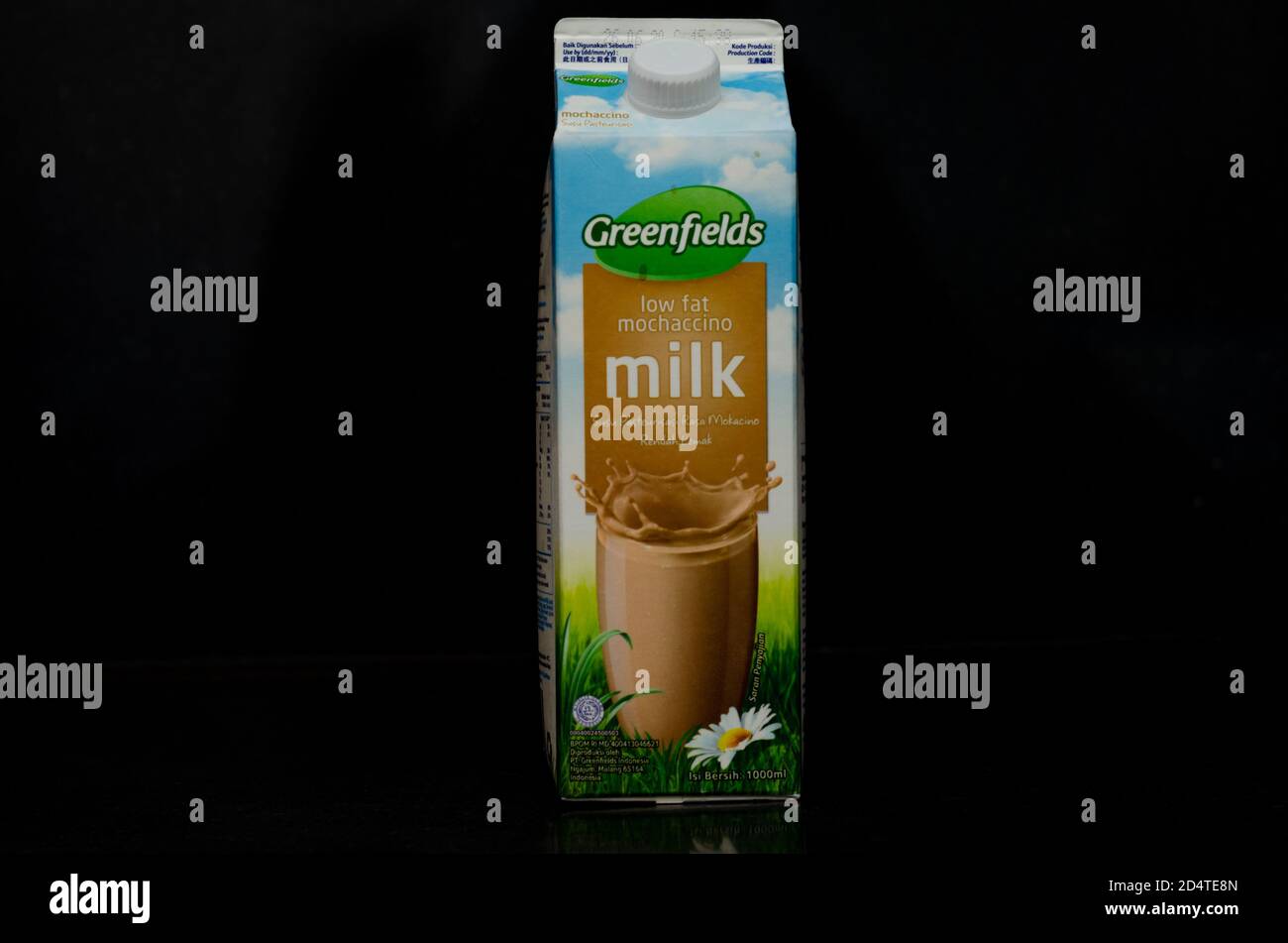 Vue avant d'un litre de boîte à lait mochaccino à faible teneur en matières grasses provenant de la marque Greenfields originaire de Malang, Indonésie, isolée dans un backgro noir Banque D'Images