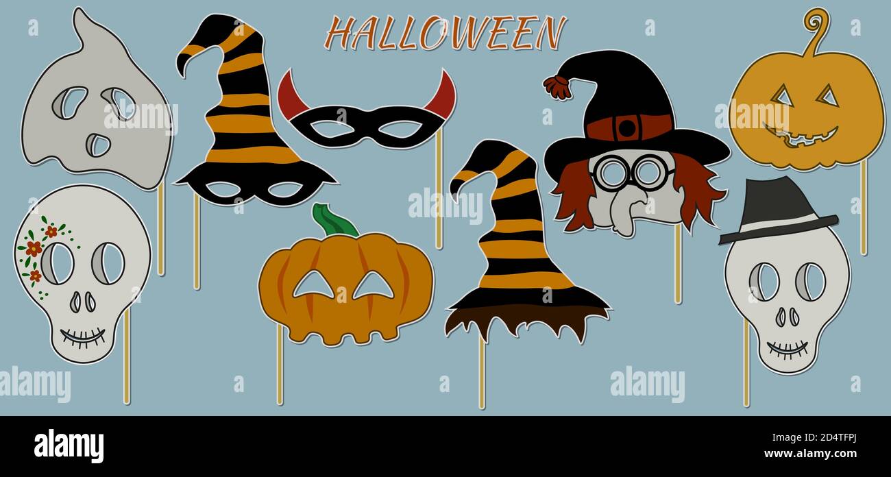 Autocollants, masques pour les fêtes d'Halloween. Citrouille, sorcière, crâne chapeau fantôme cornes Illustration de Vecteur