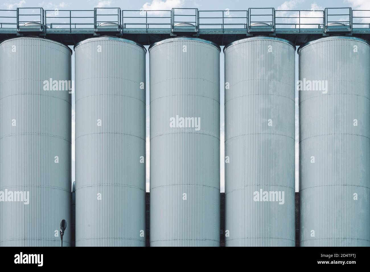 Silos agricoles. Stockage et séchage des céréales, du blé, du maïs, du soja, du tournesol. Extérieur du bâtiment industriel. Gros gros récipients en argent métallique. Banque D'Images