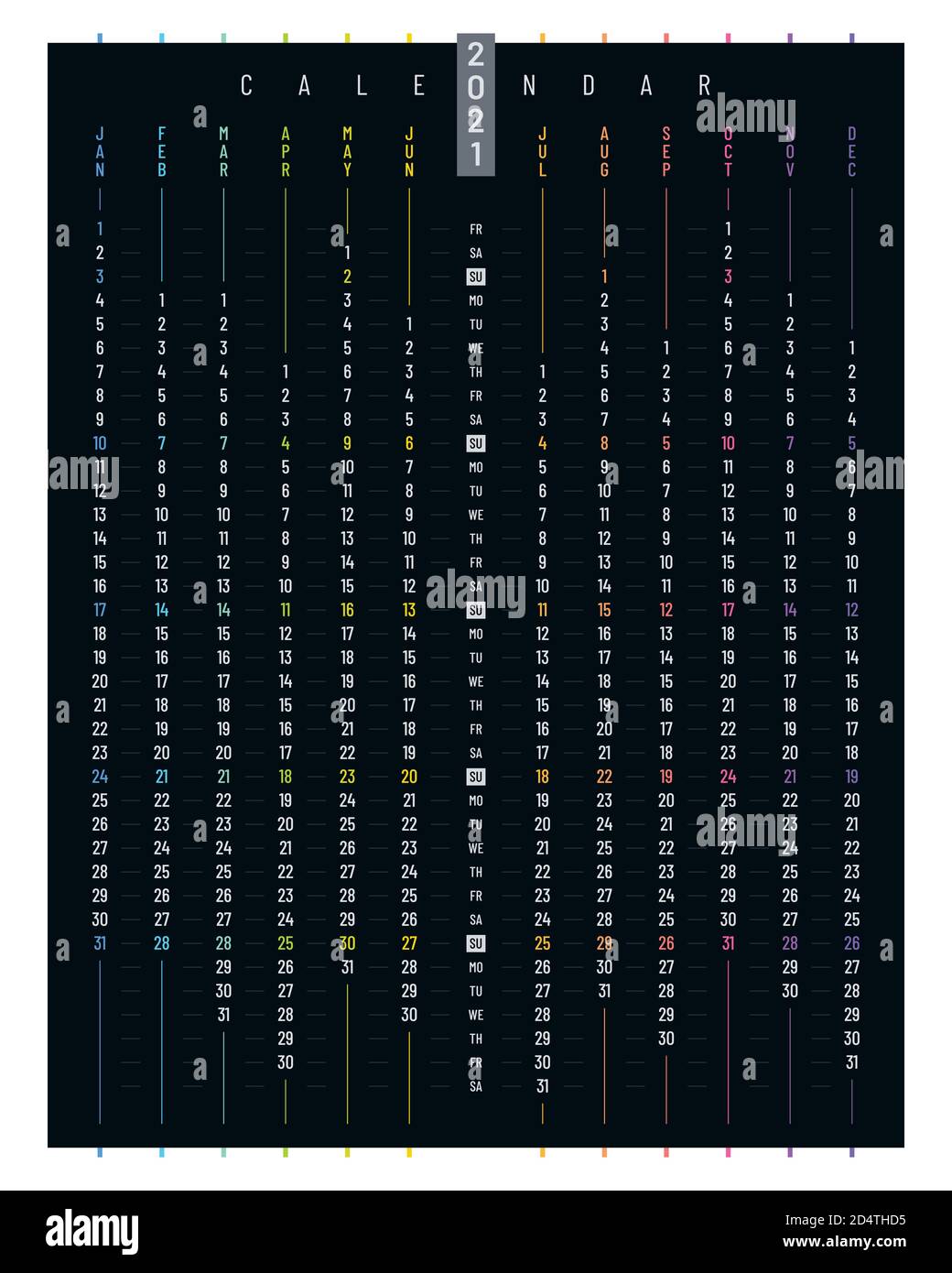 Calendrier d'affichage linéaire 2021 conception vectorielle. Modèle de calendrier vertical sur fond noir. Illustration de Vecteur