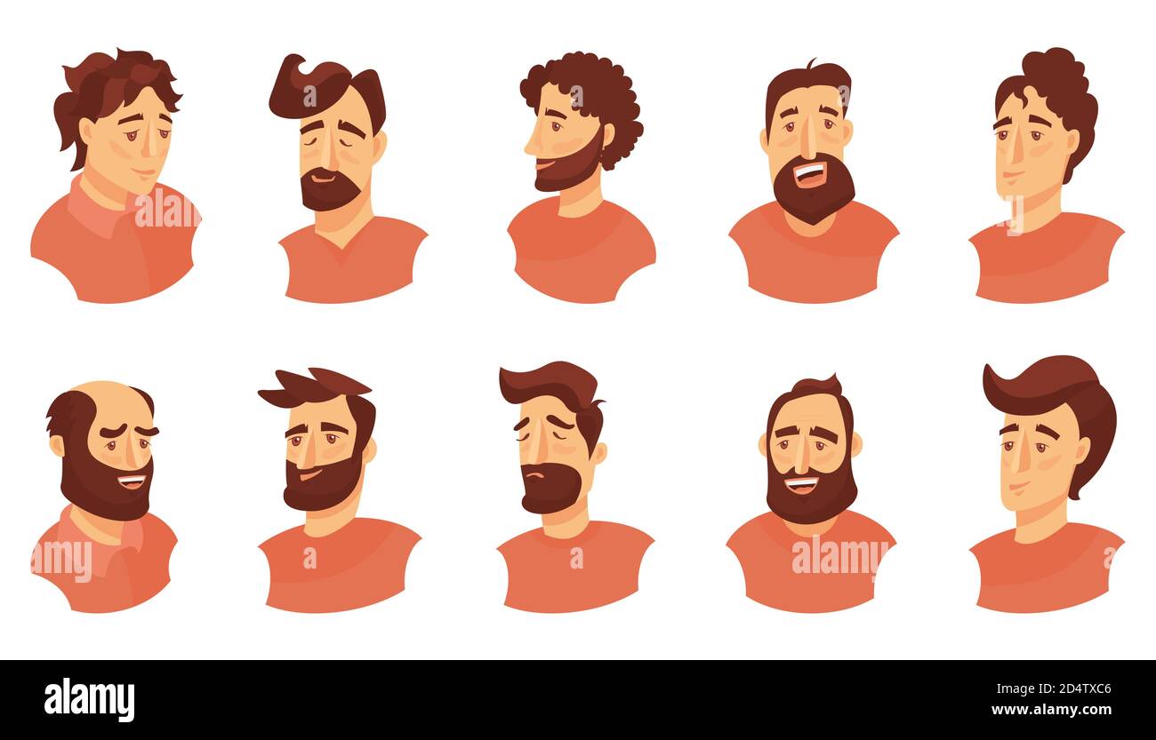 Ensemble d'émotions faciales masculines. Personnage emoji jeune homme avec des expressions différentes. Illustration vectorielle de style dessin animé. Illustration de Vecteur