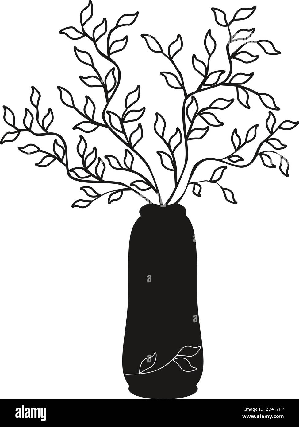 Vectorisation illustration simple branches d'arbre noir dans un vase sur fond blanc. Croquis pour livres de coloriage. Imprimer sur papier, tissu, céramique. Pat Illustration de Vecteur