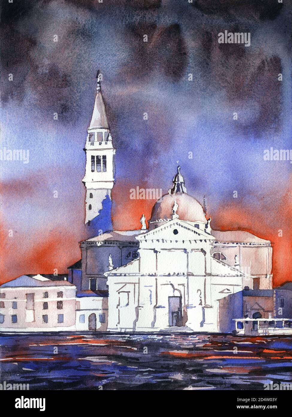 Eglise de San Giorgio Maggiore à Venise, Italie. Coloré église de Venise aquarelle peinture orange bleu œuvres d'art Banque D'Images