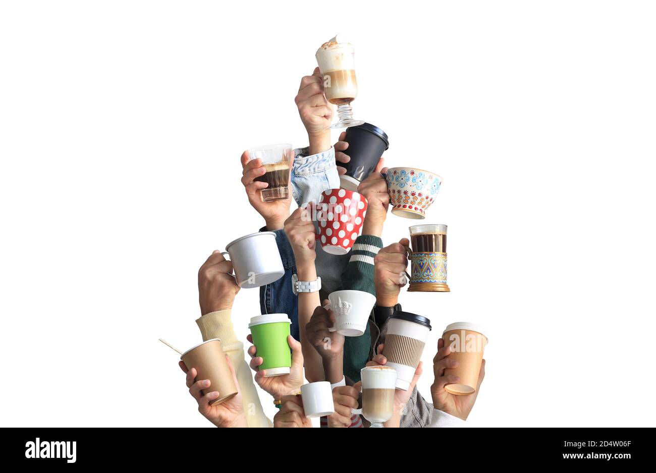 Les gens tiennent des tasses et des tasses en papier de café. Concept sur le thème des cafés et du café. Arbre de Noël. Banque D'Images