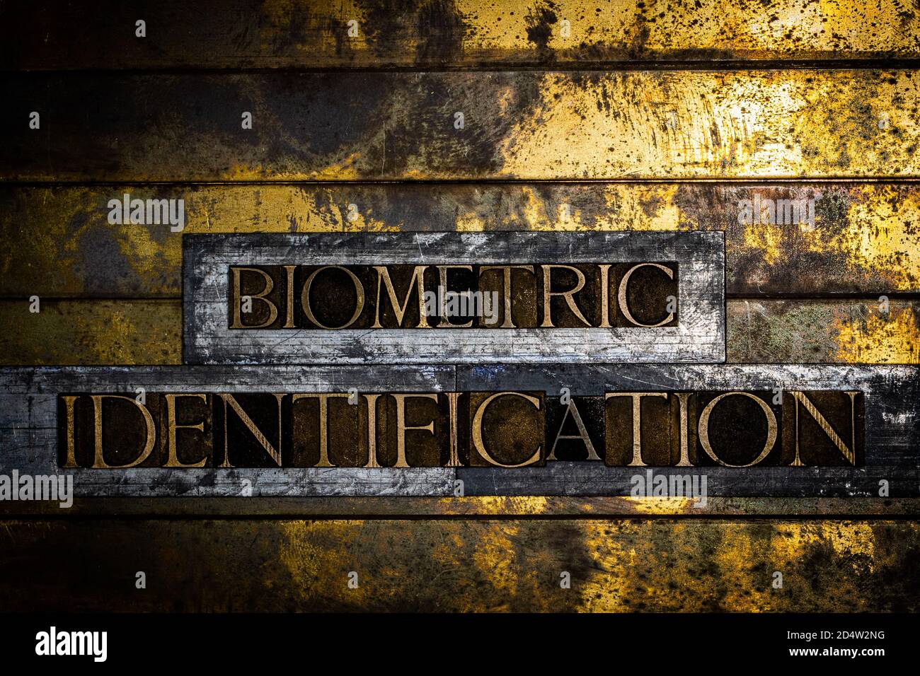 Identification biométrique message texte sur le cuivre texturé et le millésime fond doré Banque D'Images