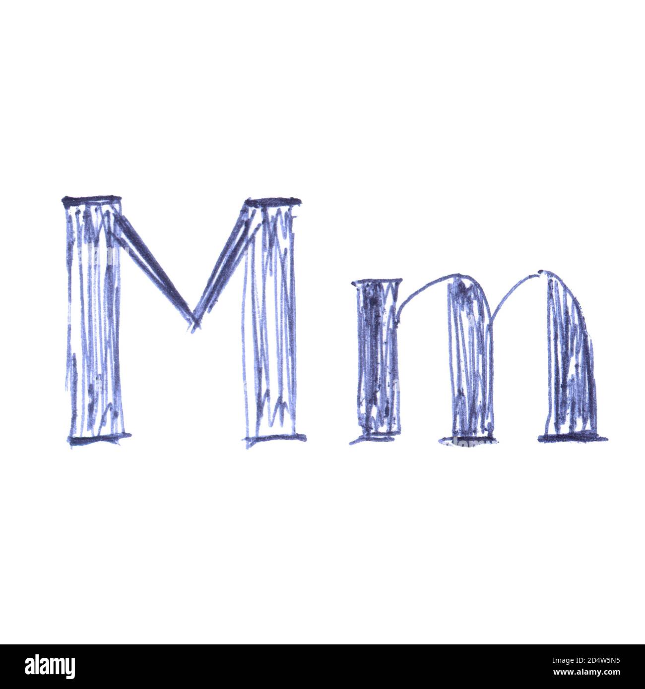 Mm - lettre de l'alphabet dessinée à la main avec un stylo à bille bleu. Une police unique. Banque D'Images