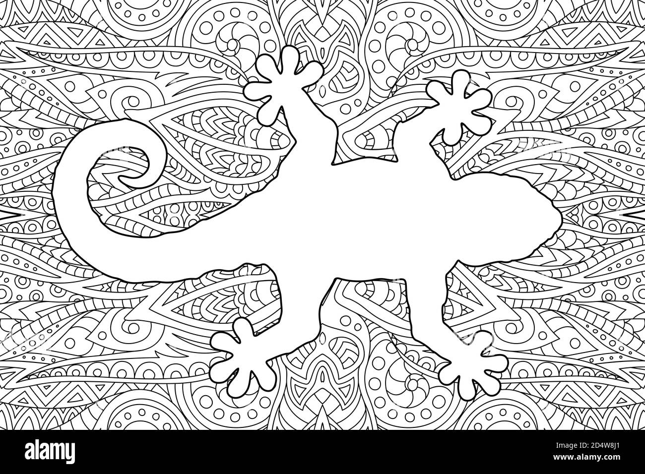 Magnifique page de livre à colorier monochrome avec silhouette de gecko blanche magnifique arrière-plan linéaire abstrait Illustration de Vecteur