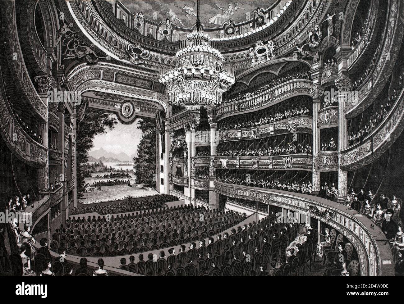 Opéra, intérieur, Paris, France, gravure historique en plaques de cuivre de 1860 Banque D'Images