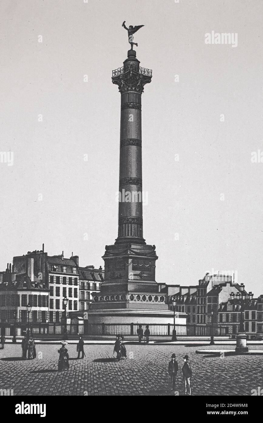 Paris, colonne de Juliet, France, gravure historique en plaques de cuivre de 1860 Banque D'Images