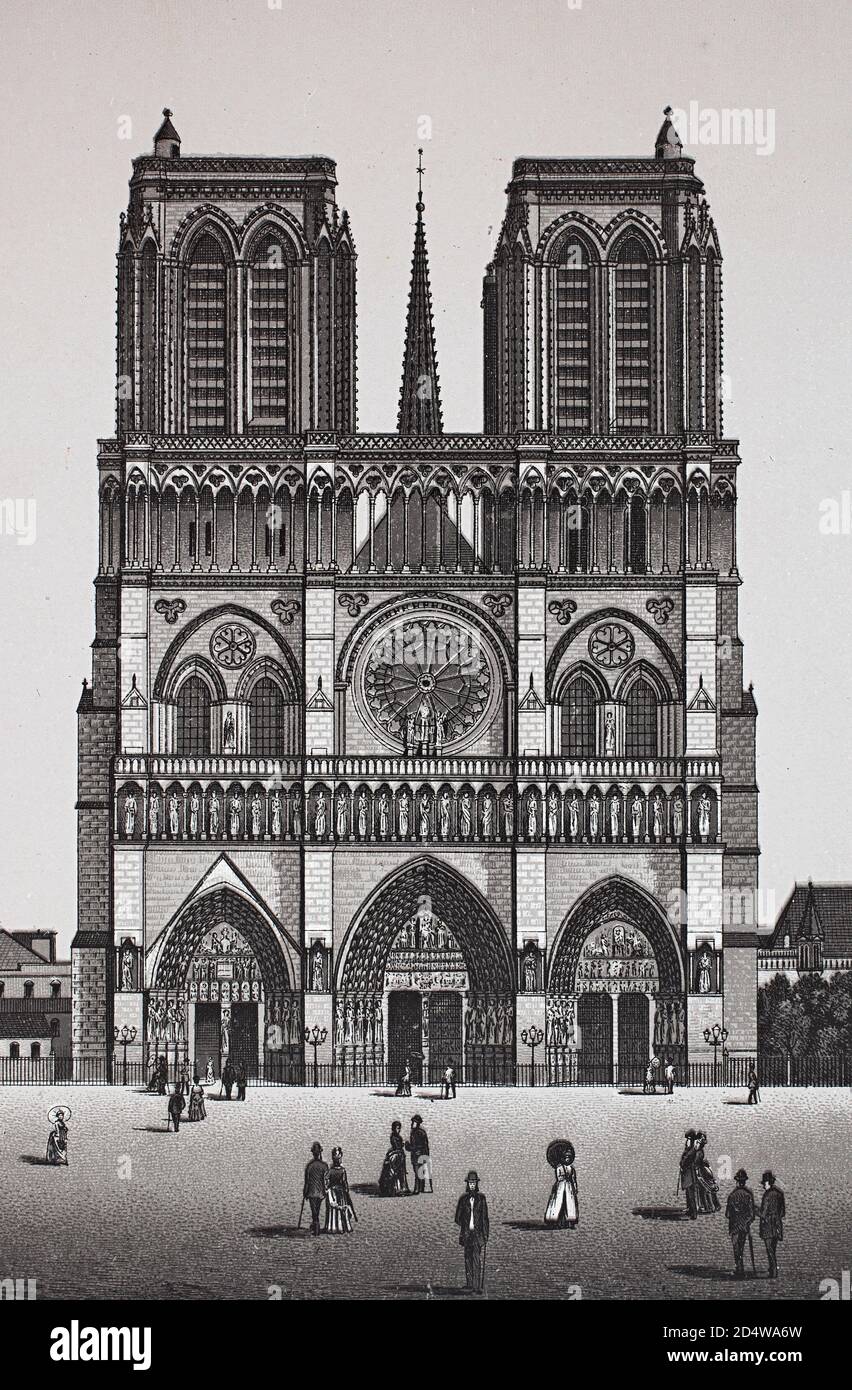 Paris, notre Dame, France, gravure historique en plaques de cuivre de 1860 Banque D'Images