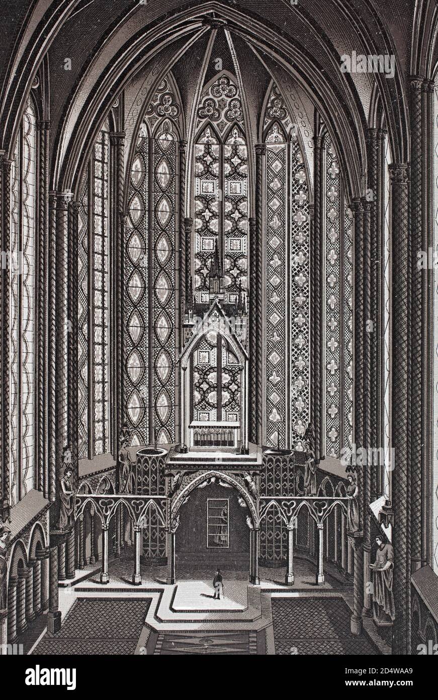 Paris, intérieur de la Sainte Chapelle, France, gravure historique en plaques de cuivre de 1860 Banque D'Images