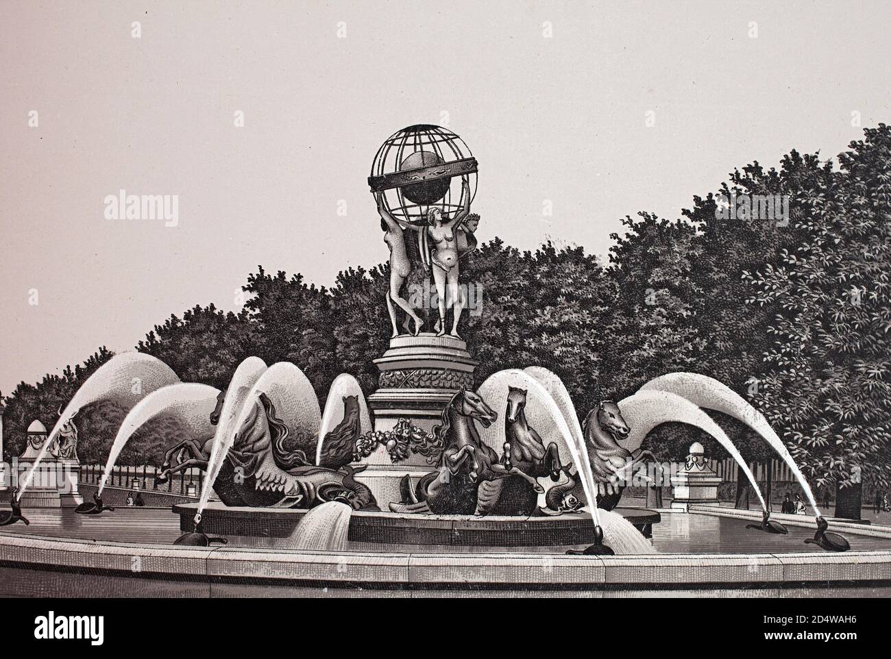 Paris, Fontaine de l'Observatoire, France, gravure historique en plaques de cuivre de 1860 Banque D'Images