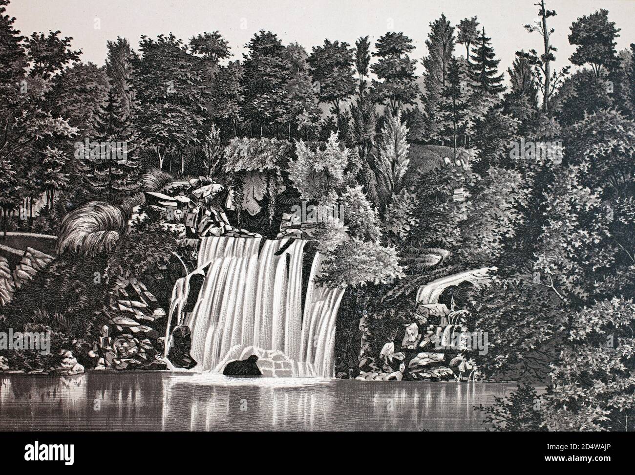 Paris, Cascade du Bois de Boulogne, France, gravure historique en plaques de cuivre de 1860 Banque D'Images