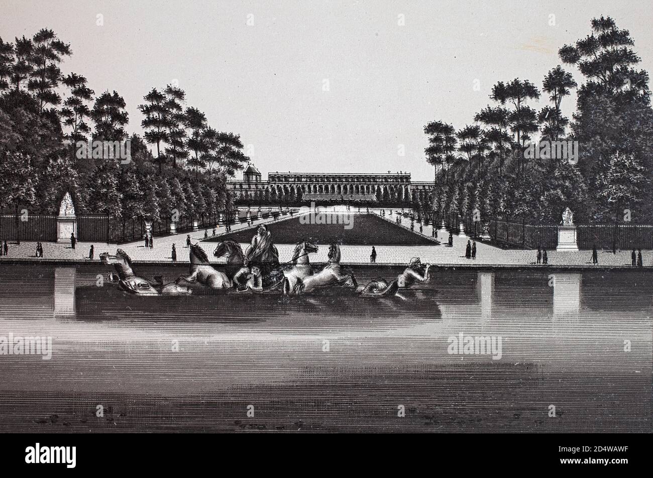 Versailles, le bassin d'Apollon, France, gravure historique en plaques de cuivre de 1860 Banque D'Images